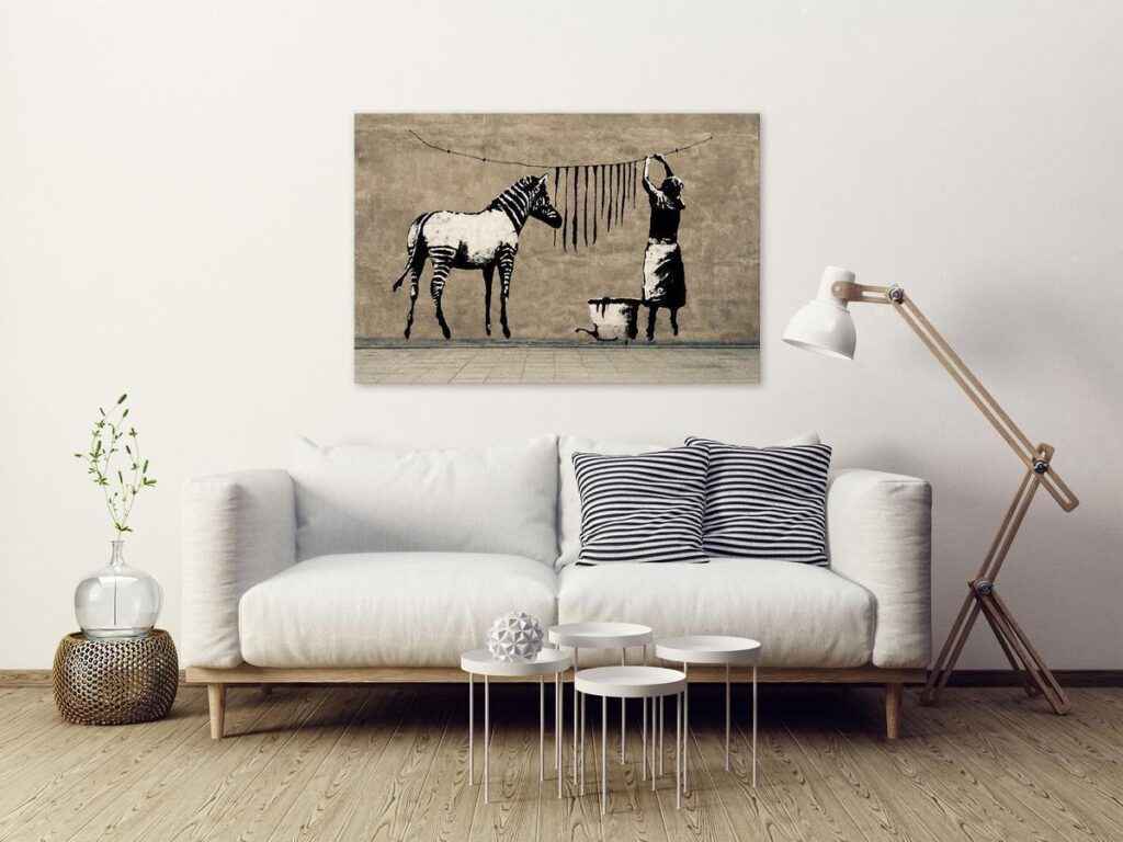 Schilderij - Banksy: Washing Zebra on Concrete (1 Part) Wide