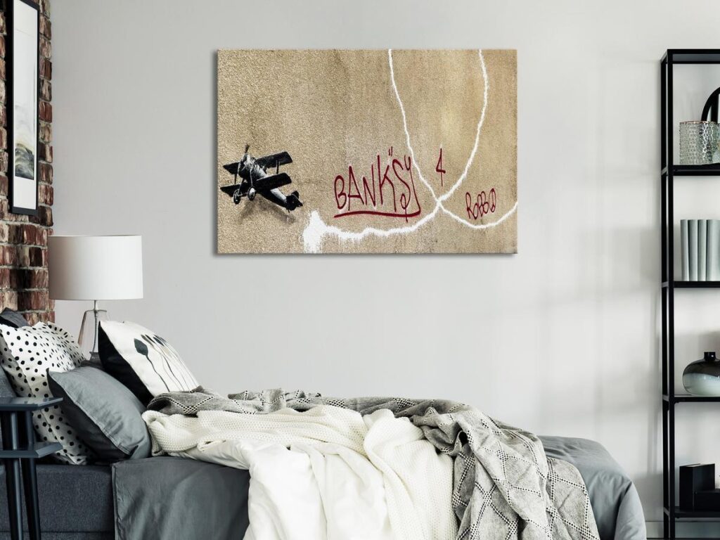 Schilderij - Banksy's Plane (1-part) - Red Graffiti Text on Mural Background - Afbeelding 2