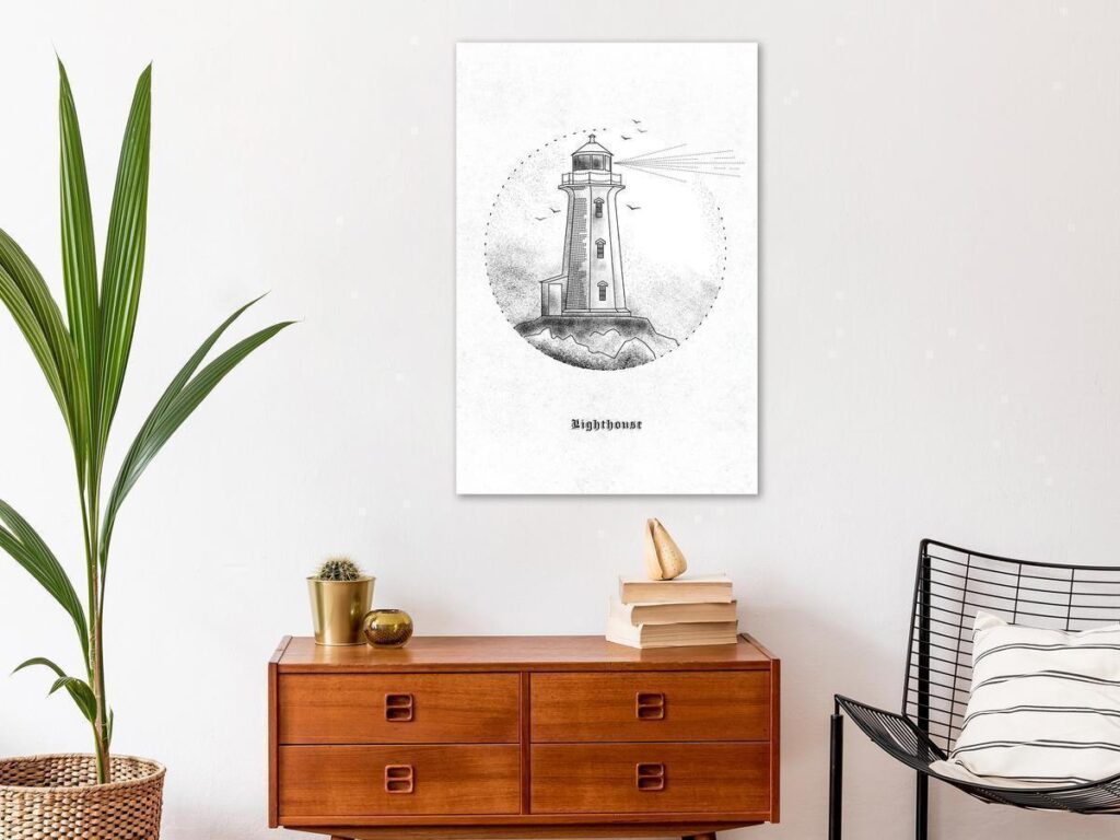 Schilderij - Black and White Lighthouse (1 Part) Vertical