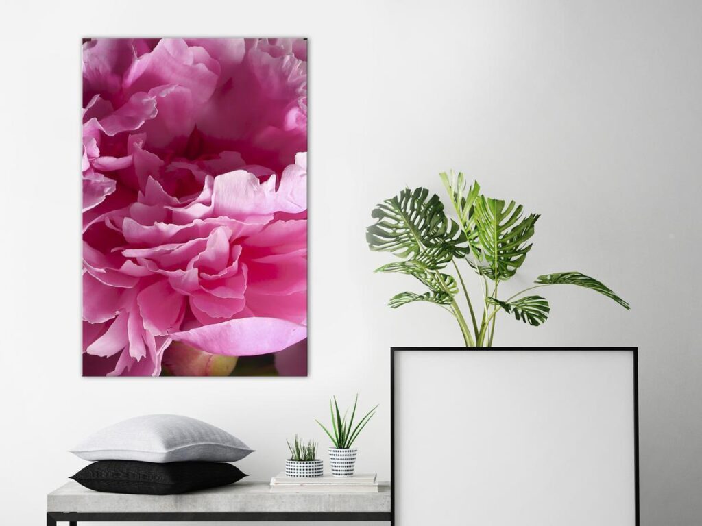 Schilderij - Blossom of Beauty (1-part) - Pink Peony Flower Embraced by Nature