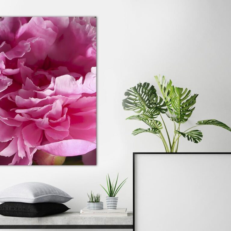 Schilderij - Blossom of Beauty (1-part) - Pink Peony Flower Embraced by Nature