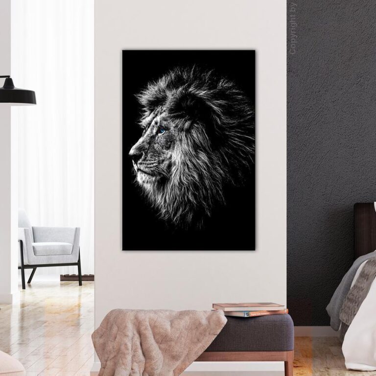 Schilderij - Blue-eyed Lion (1 Part) Vertical