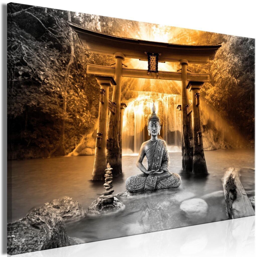 Schilderij - Buddha Smile (1 Part) Wide Orange - Afbeelding 2