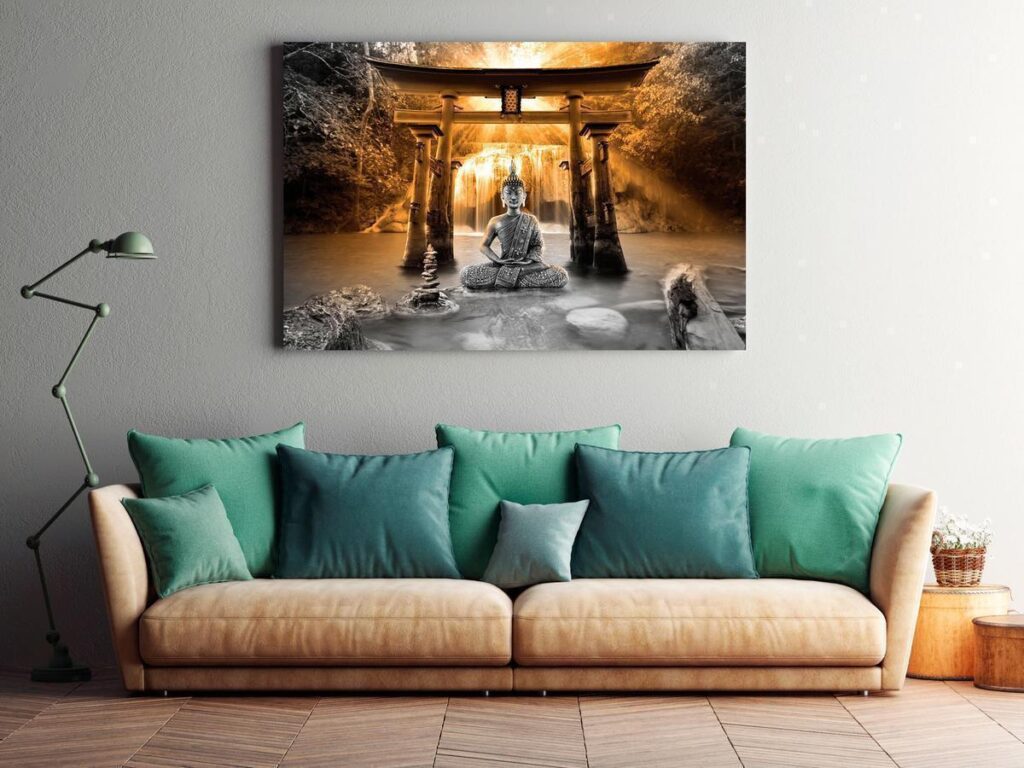 Schilderij - Buddha Smile (1 Part) Wide Orange