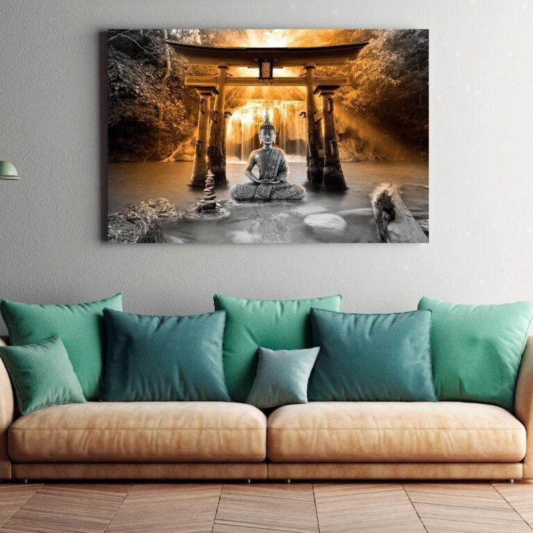 Schilderij - Buddha Smile (1 Part) Wide Orange