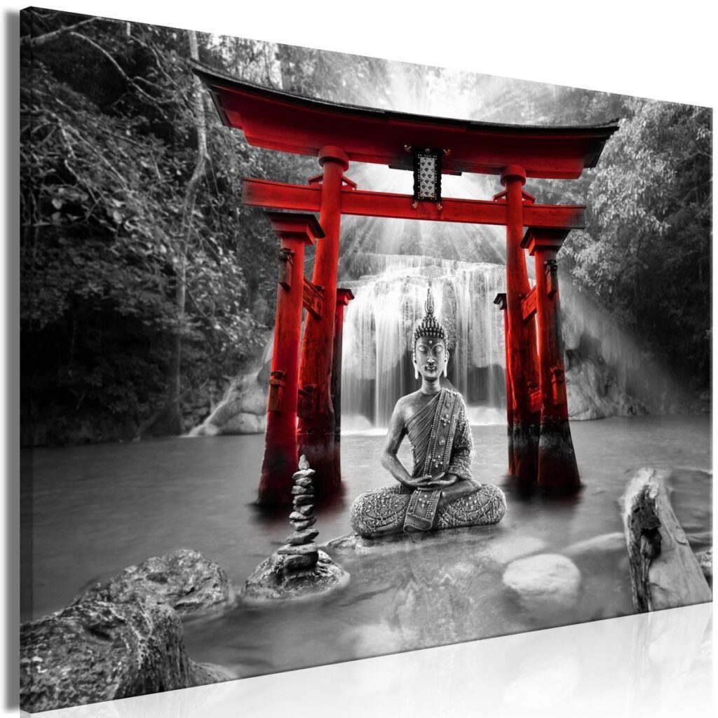 Schilderij - Buddha Smile (1 Part) Wide Red - Afbeelding 2