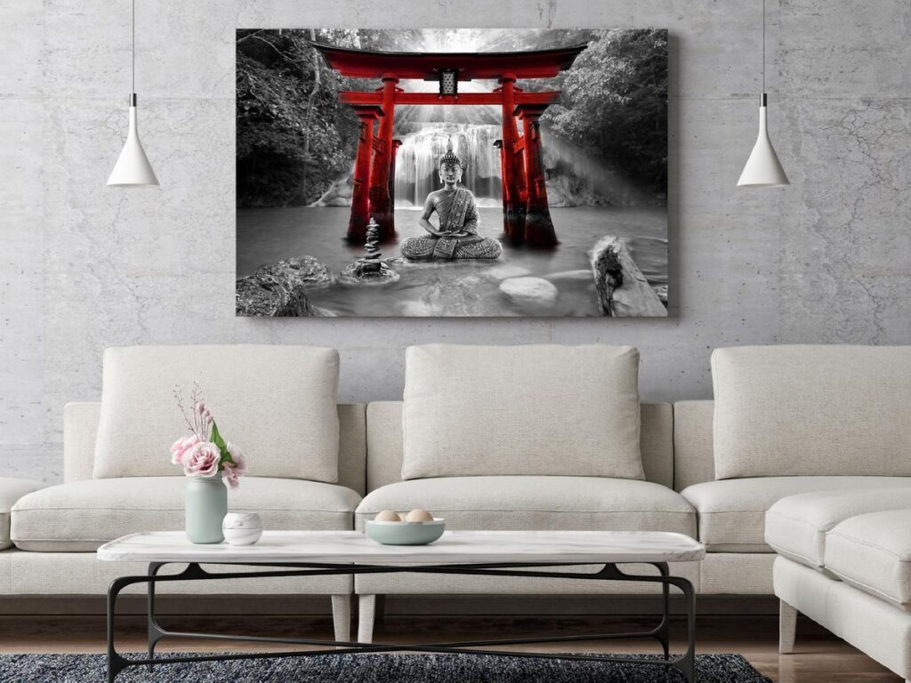Schilderij - Buddha Smile (1 Part) Wide Red