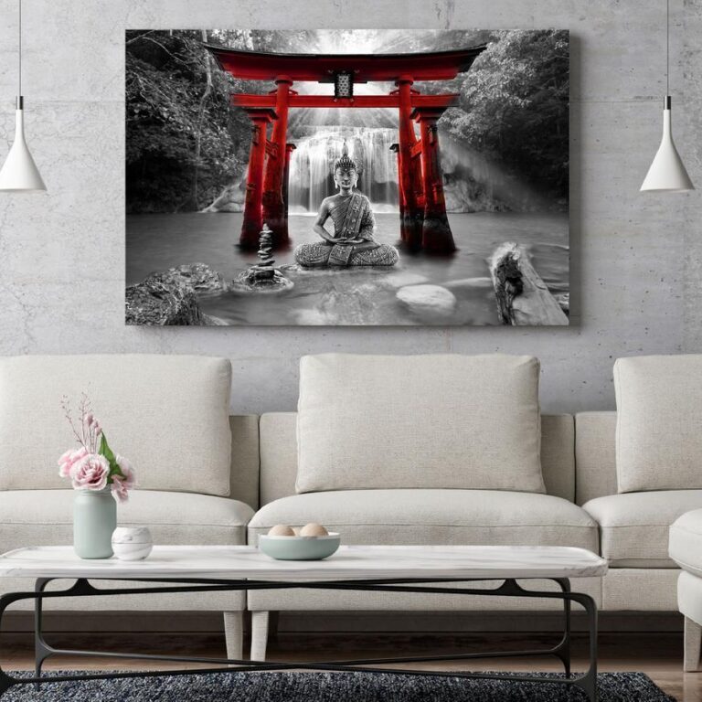 Schilderij - Buddha Smile (1 Part) Wide Red