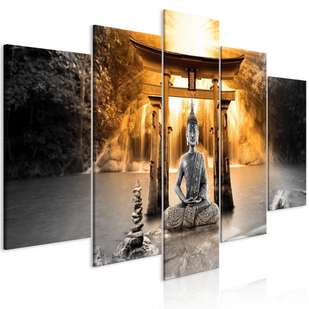 Schilderij - Buddha Smile (5 Parts) Wide Orange - Afbeelding 2