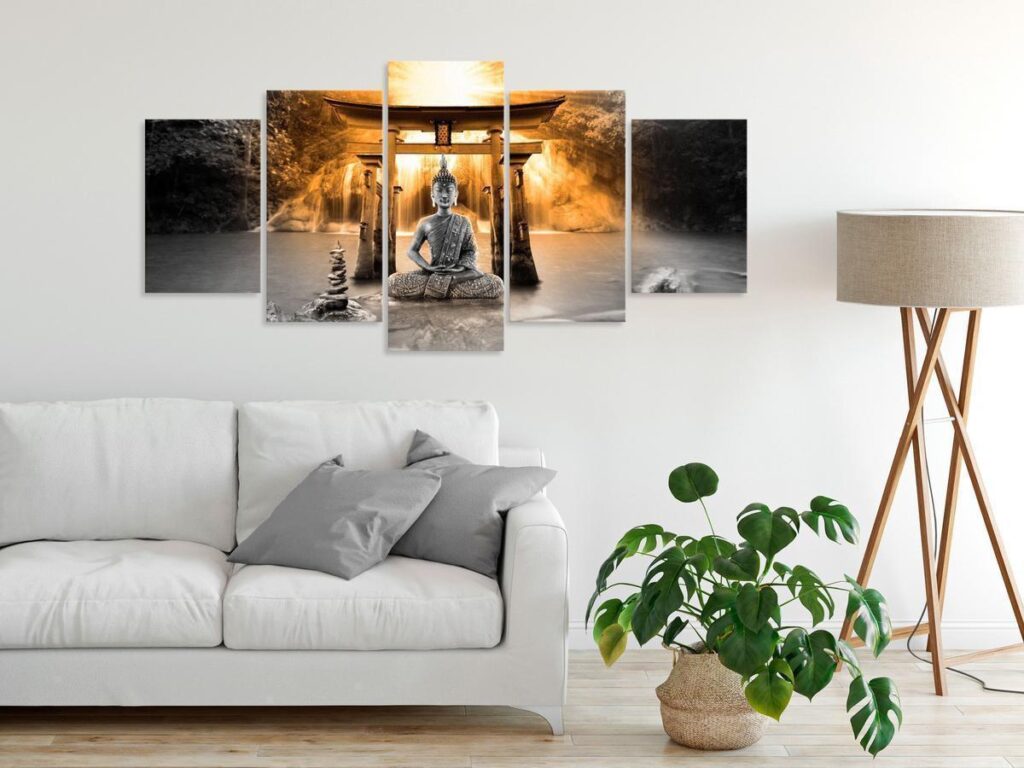 Schilderij - Buddha Smile (5 Parts) Wide Orange