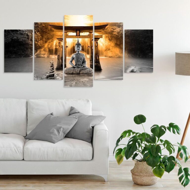 Schilderij - Buddha Smile (5 Parts) Wide Orange