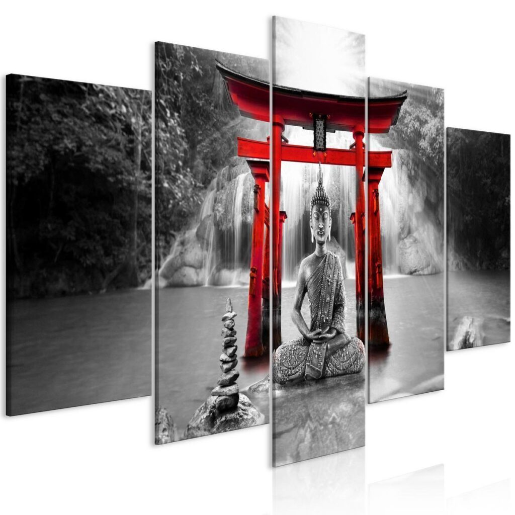 Schilderij - Buddha Smile (5 Parts) Wide Red - Afbeelding 2