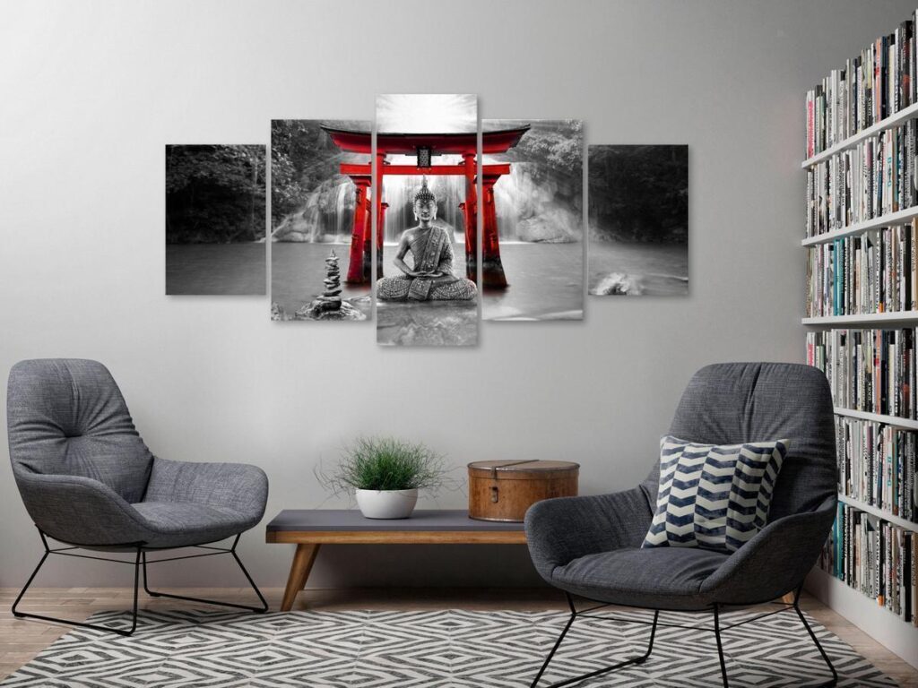 Schilderij - Buddha Smile (5 Parts) Wide Red