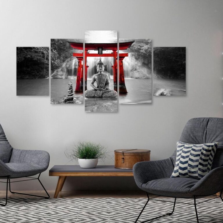 Schilderij - Buddha Smile (5 Parts) Wide Red