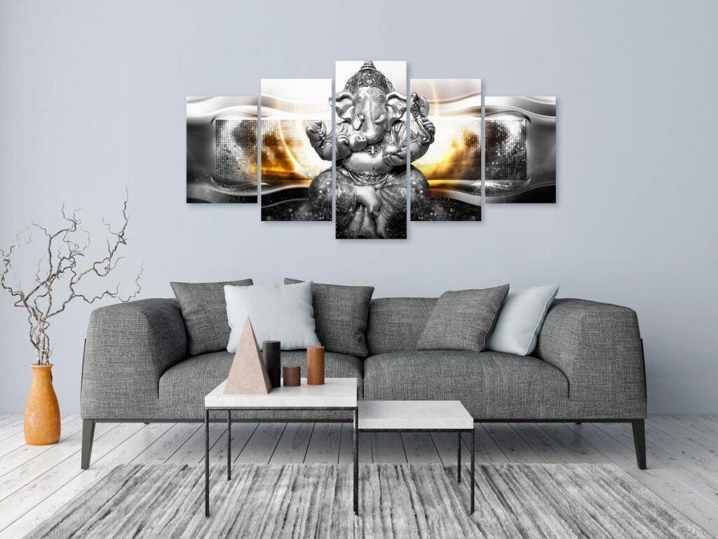 Schilderij - Buddha Style (5 Parts) Silver Wide