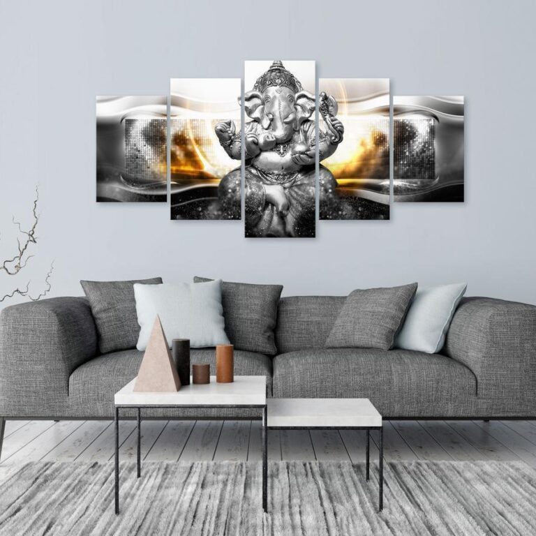 Schilderij - Buddha Style (5 Parts) Silver Wide