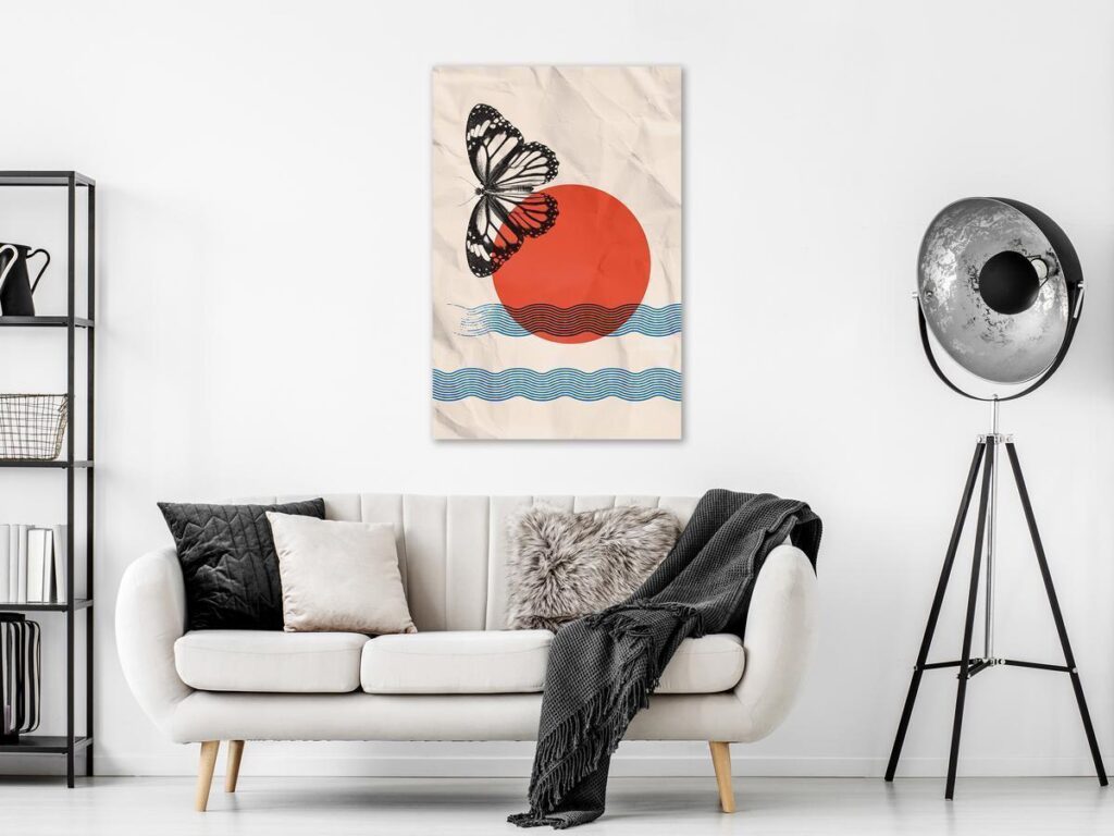 Schilderij - Butterfly and Sunrise (1 Part) Vertical