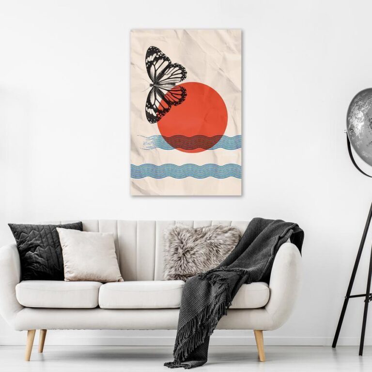 Schilderij - Butterfly and Sunrise (1 Part) Vertical