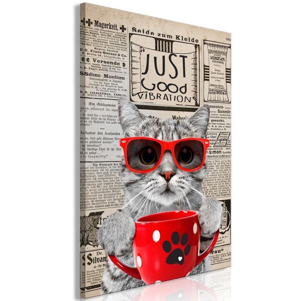 Schilderij - Cat With Coffee (1 Part) Vertical - Afbeelding 2