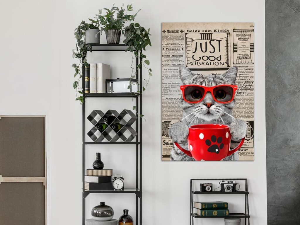 Schilderij - Cat With Coffee (1 Part) Vertical