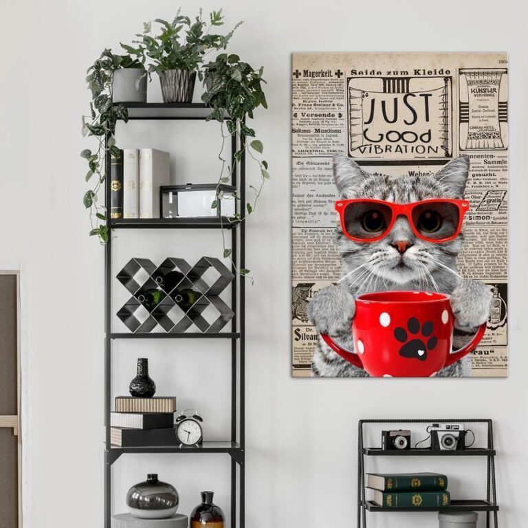 Schilderij - Cat With Coffee (1 Part) Vertical