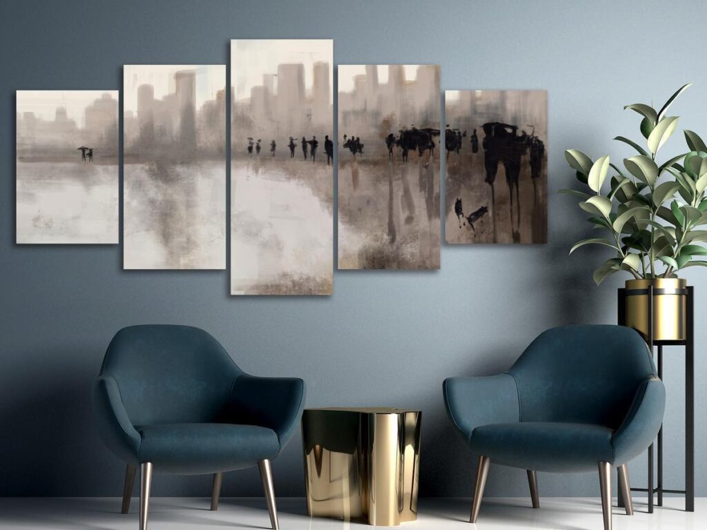 Schilderij - City in the Rain (5 Parts) Wide