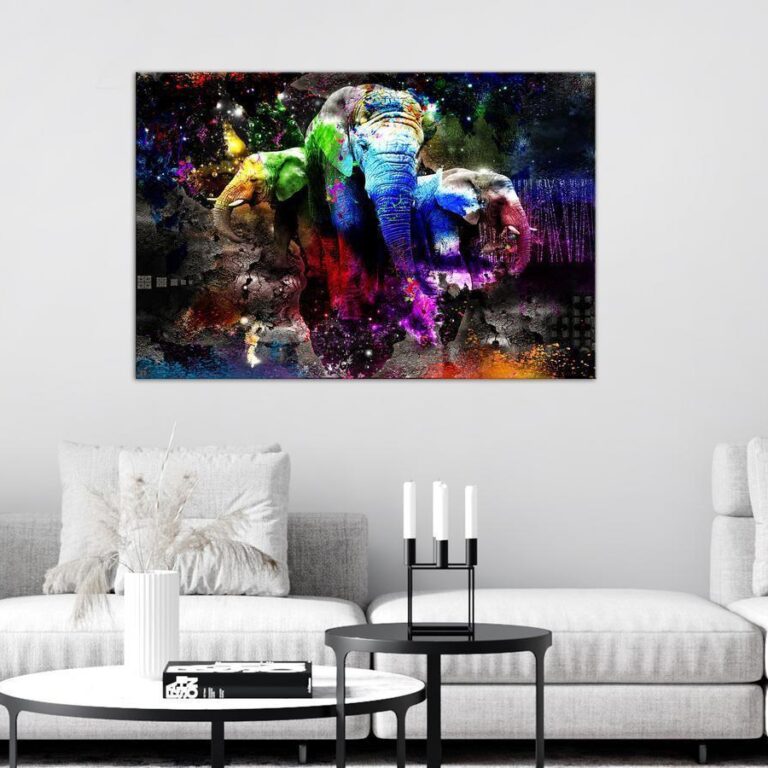 Schilderij - Colorful Elephants (1 Part) Wide