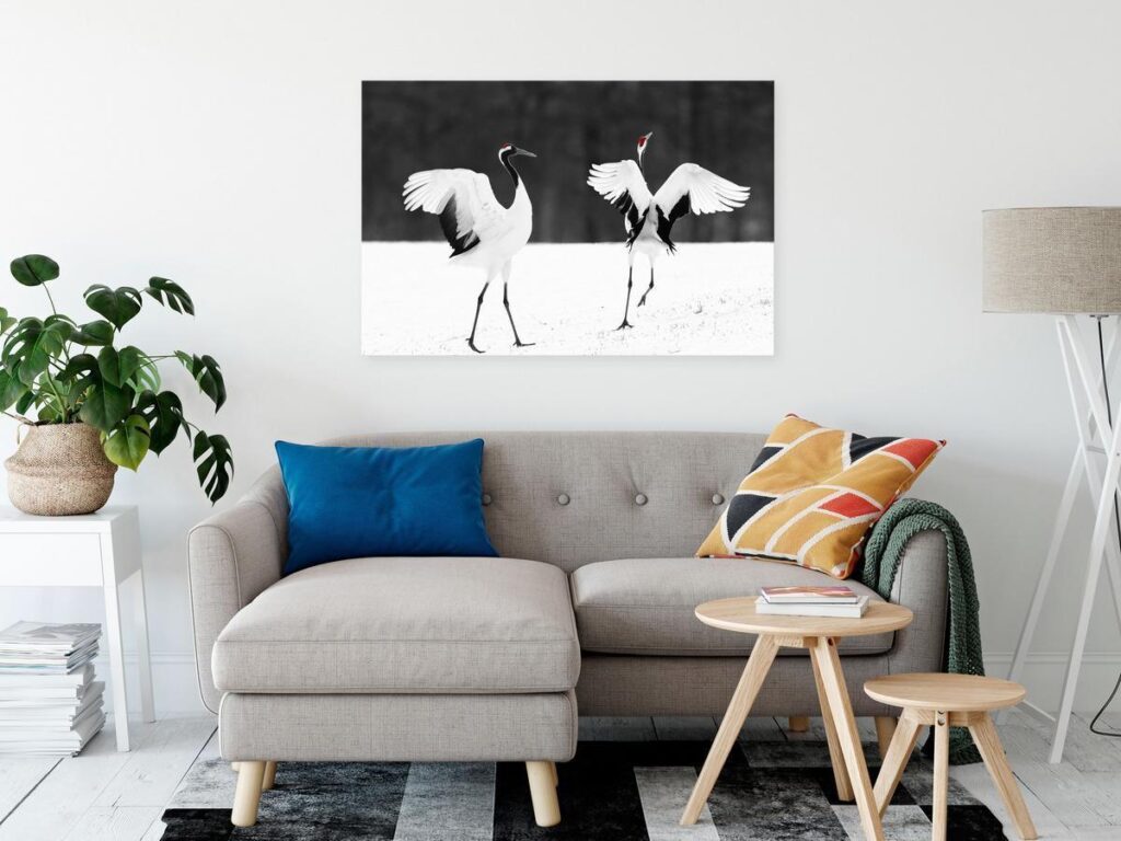 Schilderij - Dancing Cranes (1 Part) Wide - Afbeelding 2