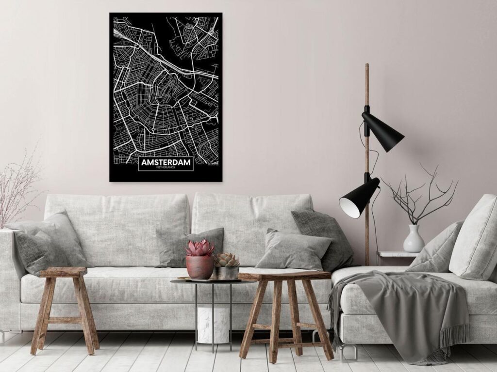 Schilderij - Dark Map of Amsterdam (1 Part) Vertical