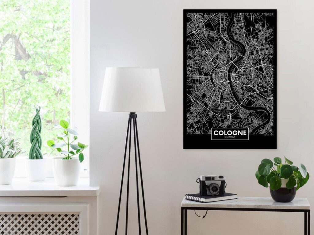 Schilderij - Dark Map of Cologne (1 Part) Vertical
