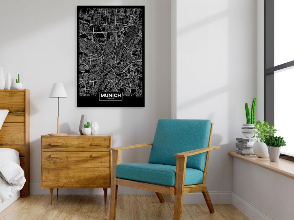 Schilderij - Dark Map of Munich (1 Part) Vertical