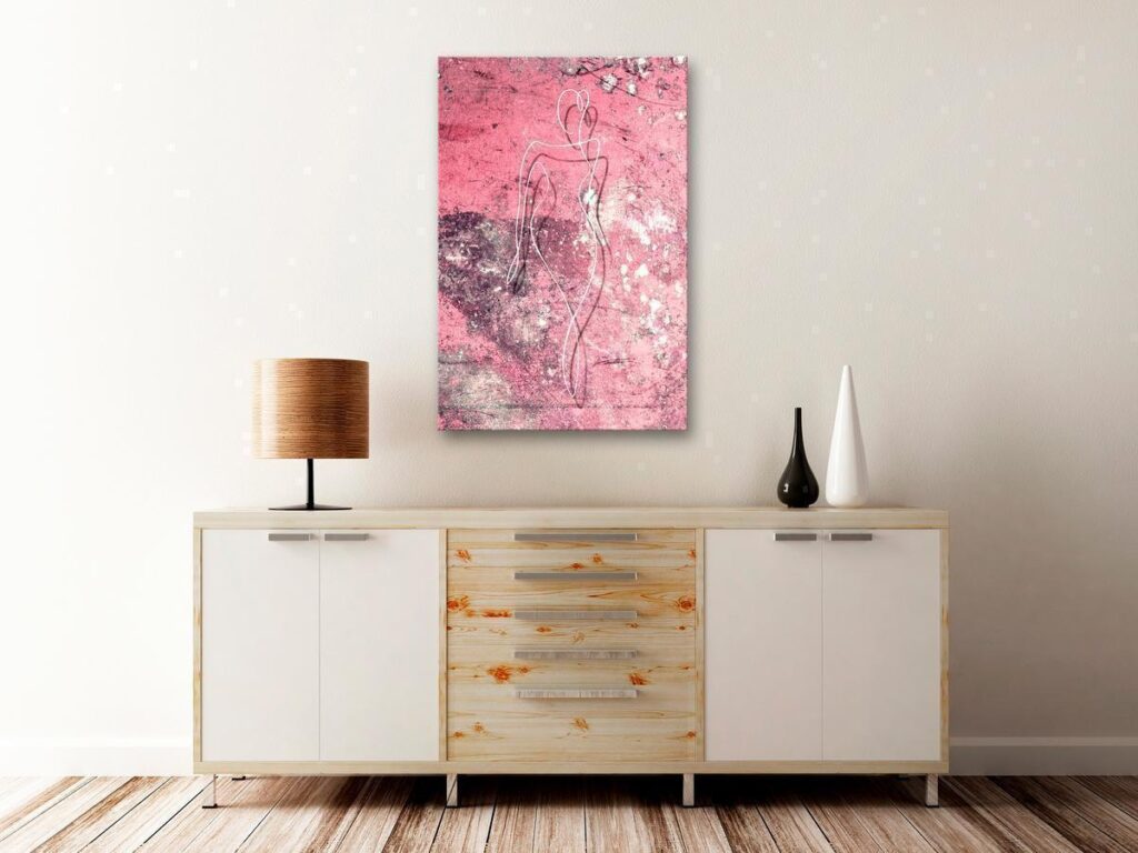 Schilderij - Figure on Pink Background (1-part) - Female Silhouette in Marble