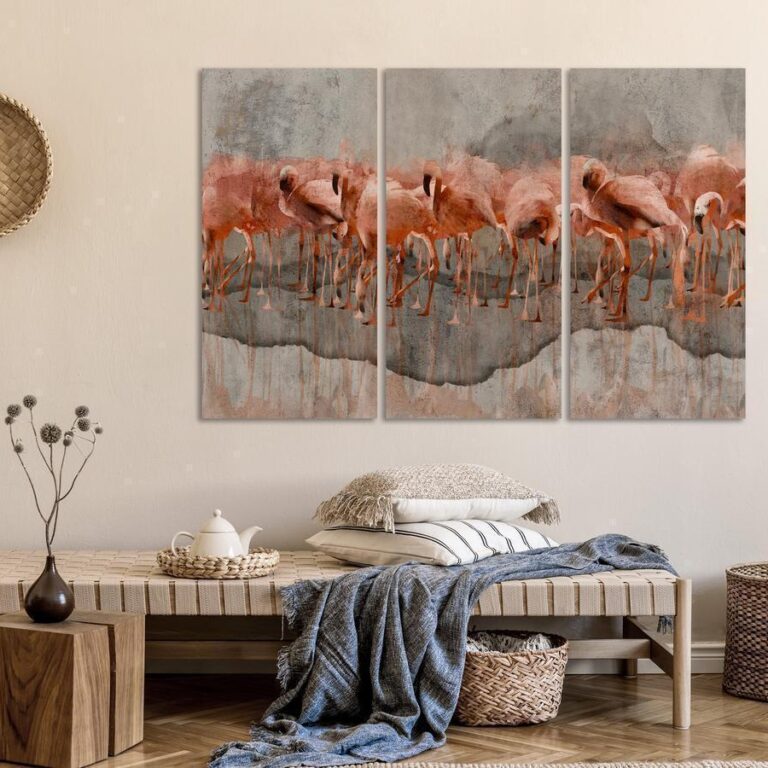 Schilderij - Flamingo Lake (3 Parts)