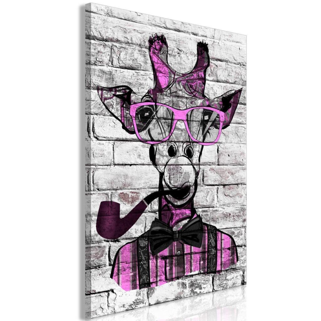 Schilderij - Giraffe with Pipe (1 Part) Vertical Pink - Afbeelding 2