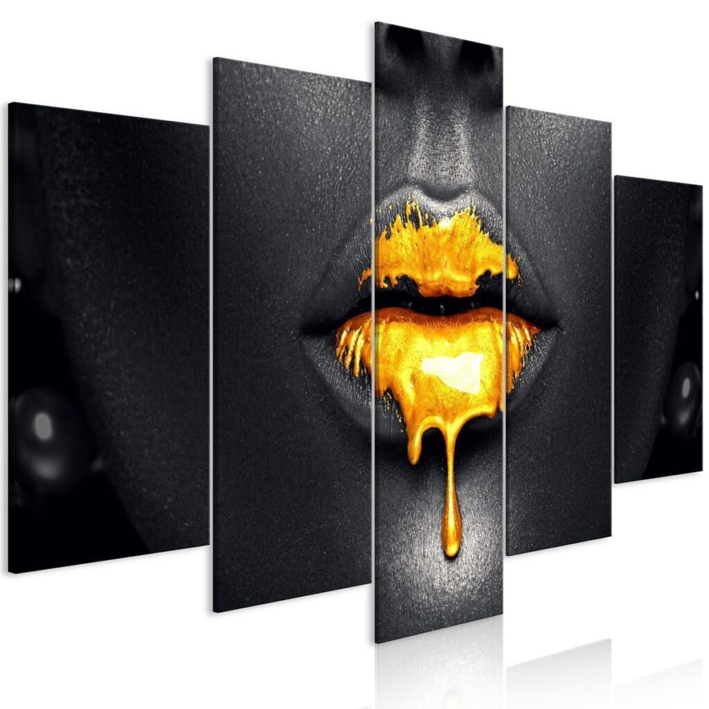 Schilderij - Gold Lips (5 Parts) Wide - Afbeelding 2