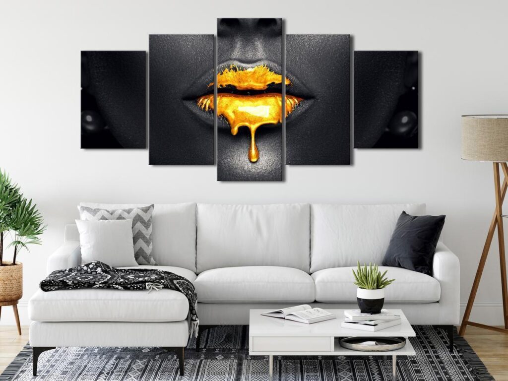 Schilderij - Gold Lips (5 Parts) Wide