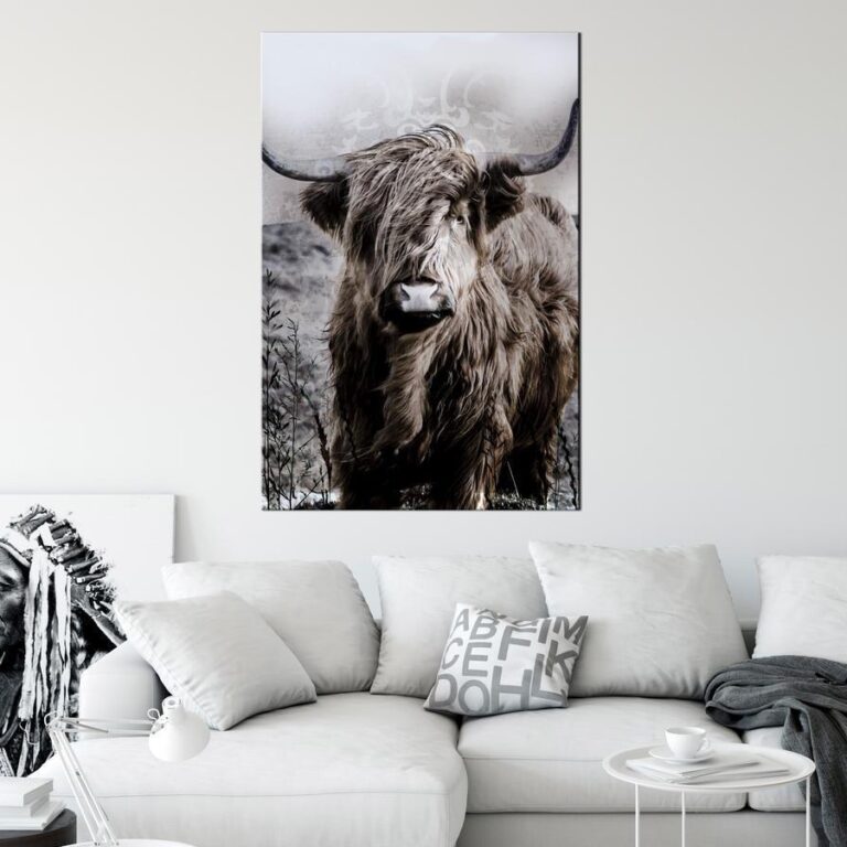 Schilderij - Highland Cow in Sepia