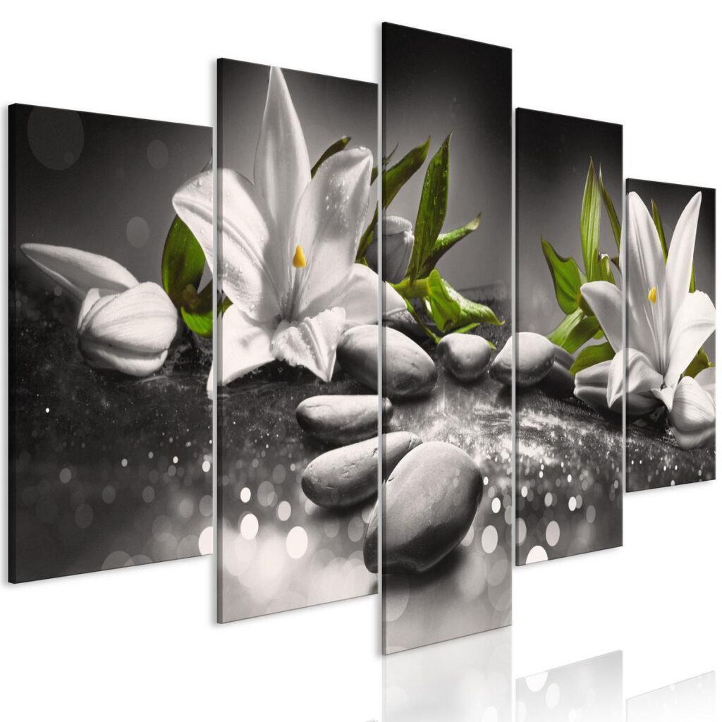 Schilderij - Lilies and Stones (5 Parts) Wide Grey - Afbeelding 2