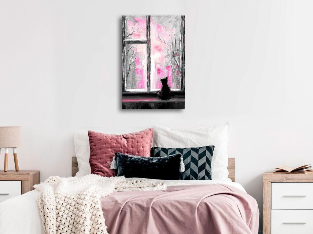 Schilderij - Longing Kitty (1 Part) Vertical Pink