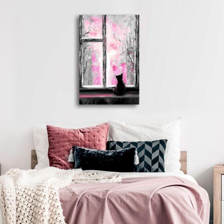 Schilderij - Longing Kitty (1 Part) Vertical Pink