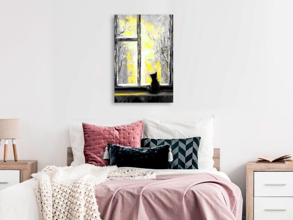 Schilderij - Longing Kitty (1 Part) Vertical Yellow