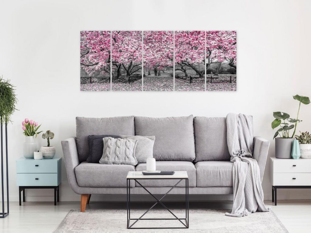 Schilderij - Magnolia Park (5 Parts) Narrow Pink