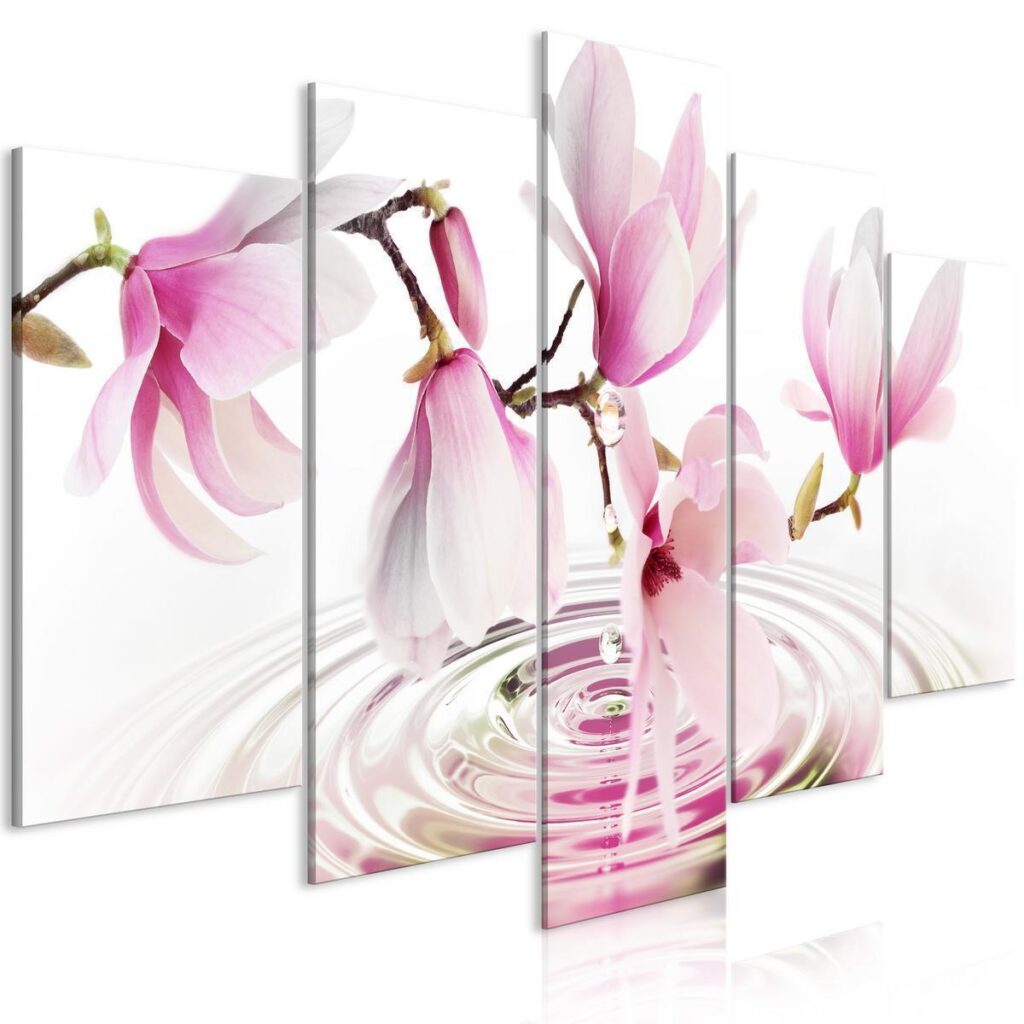 Schilderij - Magnolias over Water (5 Parts) Wide Pink - Afbeelding 2