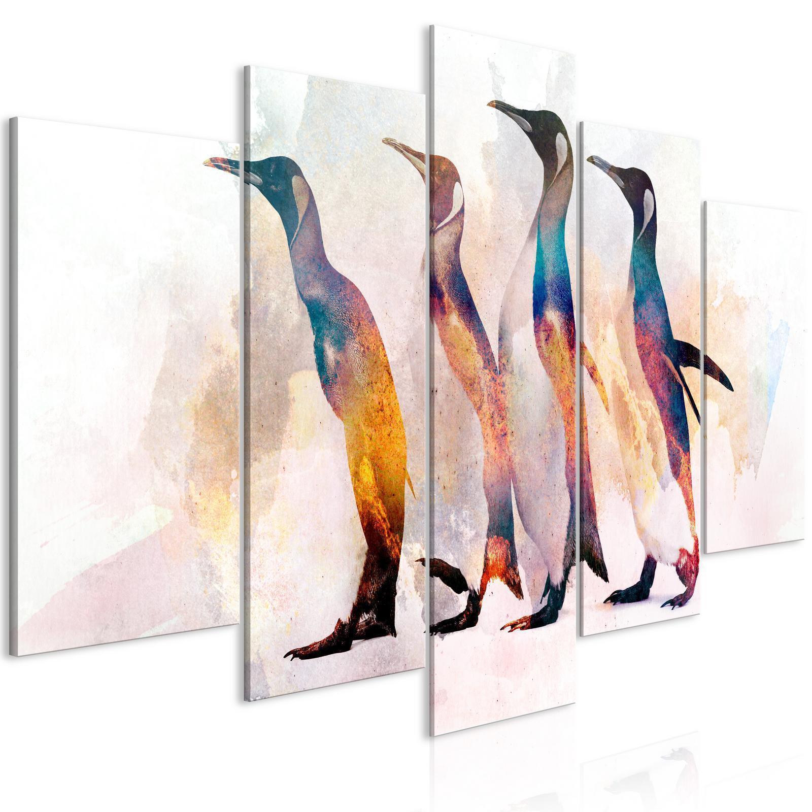 Schilderij - Penguin Wandering (5 Parts) Wide