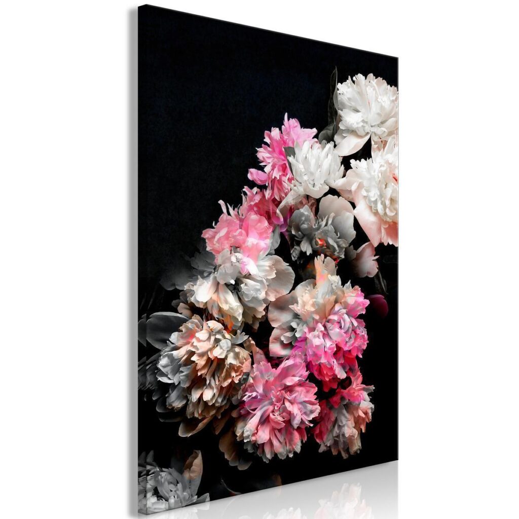 Schilderij - Peony Charm (1-part) - Colorful Bouquet on Black Background - Afbeelding 2