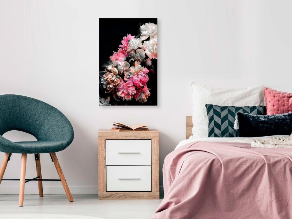 Schilderij - Peony Charm (1-part) - Colorful Bouquet on Black Background