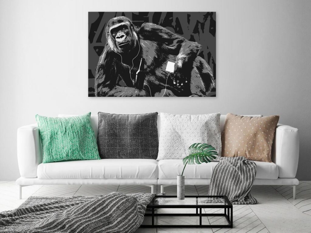 Schilderij - Pop Art Monkey (1 Part) Narrow Grey - Afbeelding 2