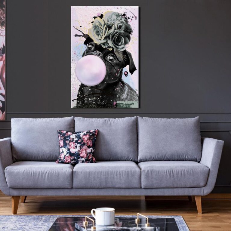 Schilderij - Pug With Bubble Gum (1 Part) Vertical