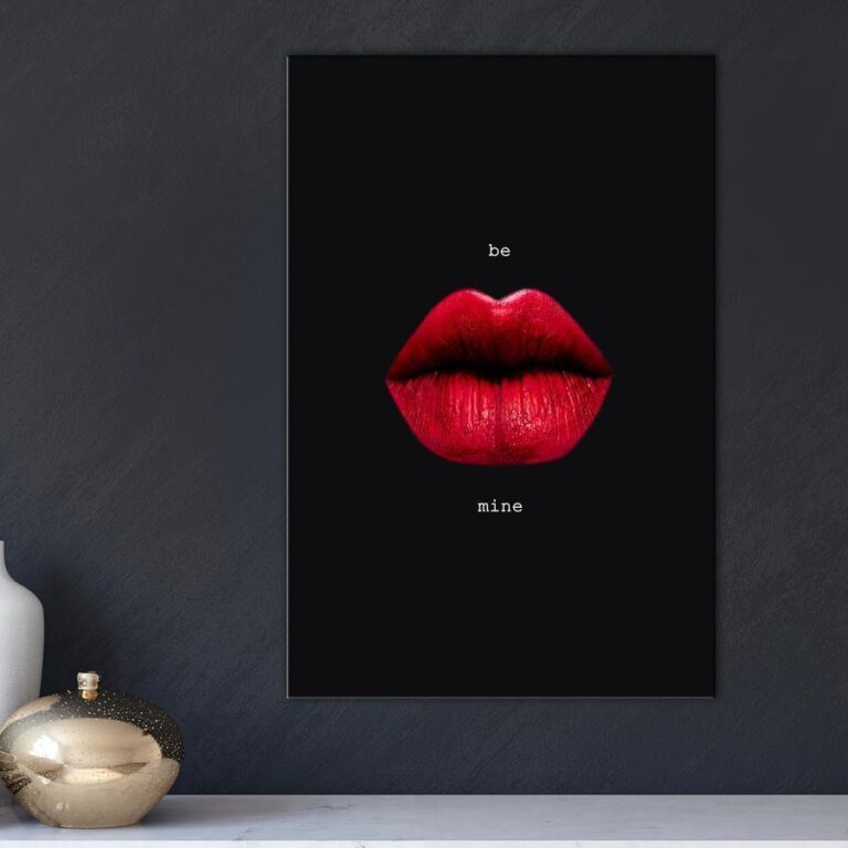 Schilderij - Red Lips (1-part) - Black Background with English Text