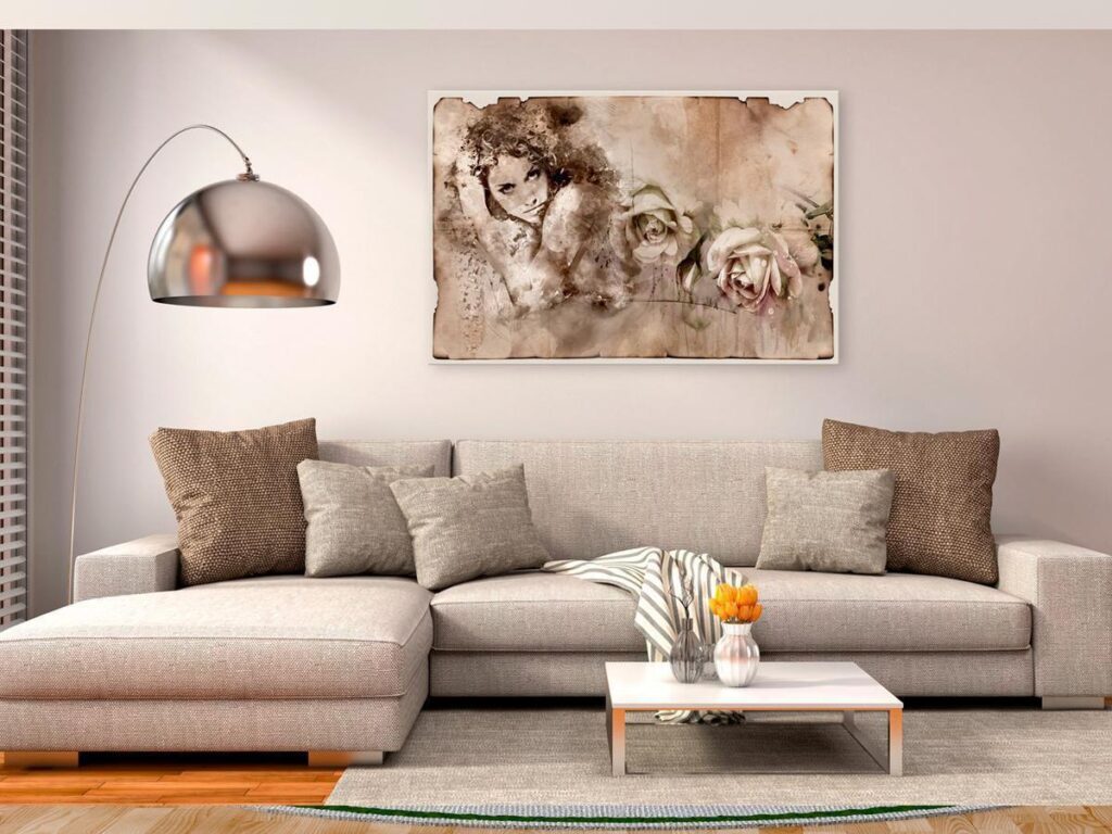 Schilderij - Retro Style: Woman and Roses - Afbeelding 2
